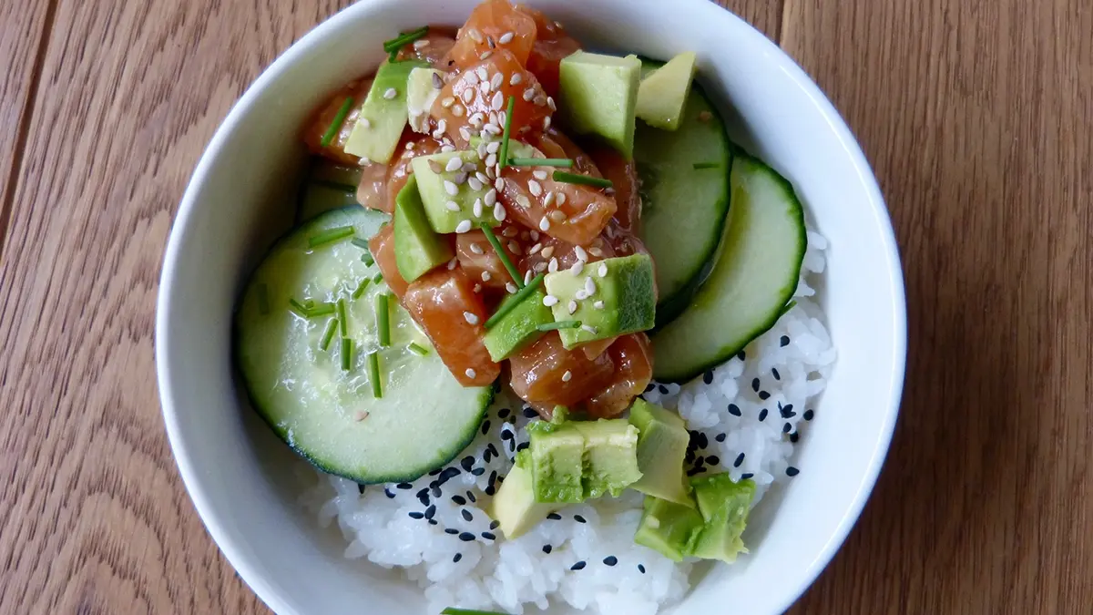 Salads with avocado, salmon