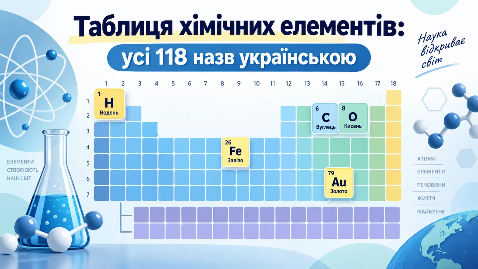 Повна таблиця хімічних елементів українською – знайти будь-який із 118